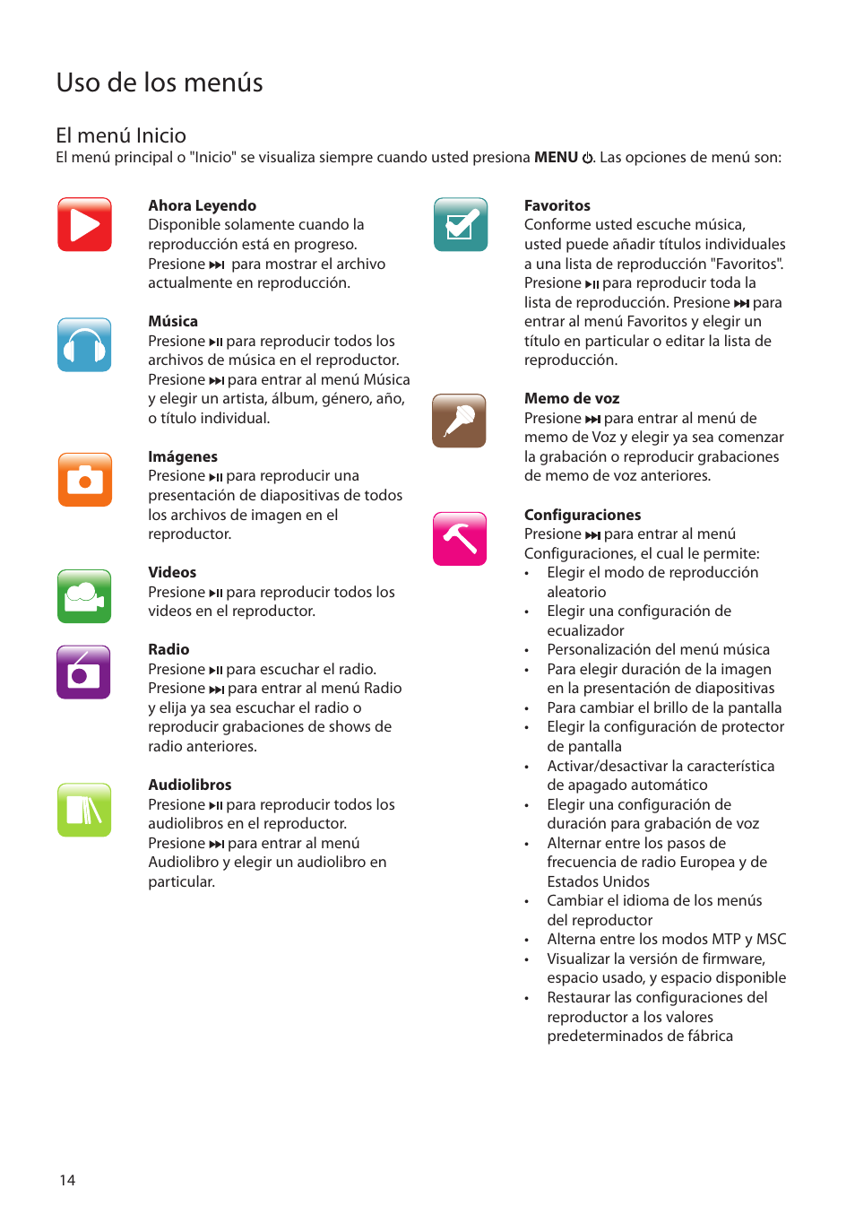 El menú inicio, Uso de los menús | RCA SLC5016 User Manual | Page 43 / 87