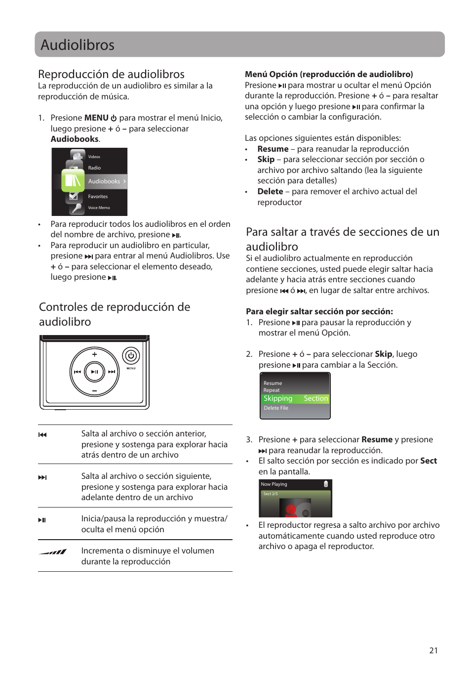 Audiolibros, Reproducción de audiolibros, Controles de reproducción de audiolibro | Para saltar a través de secciones de un audiolibro | RCA SLC5016 User Manual | Page 50 / 87