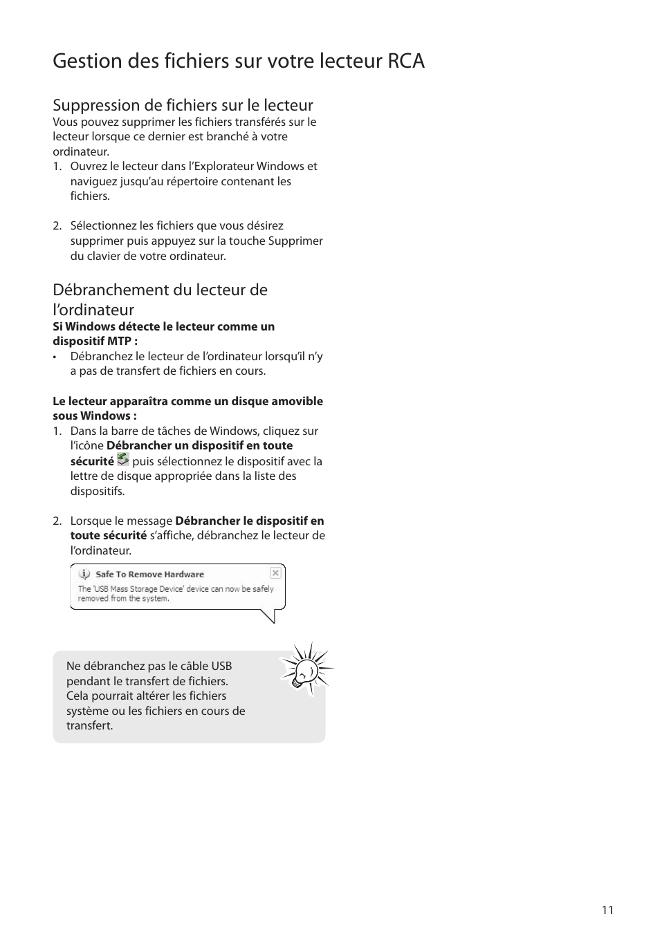 Suppression de fichiers sur le lecteur, Débranchement du lecteur de l’ordinateur, Gestion des fichiers sur votre lecteur rca | RCA SLC5016 User Manual | Page 69 / 87