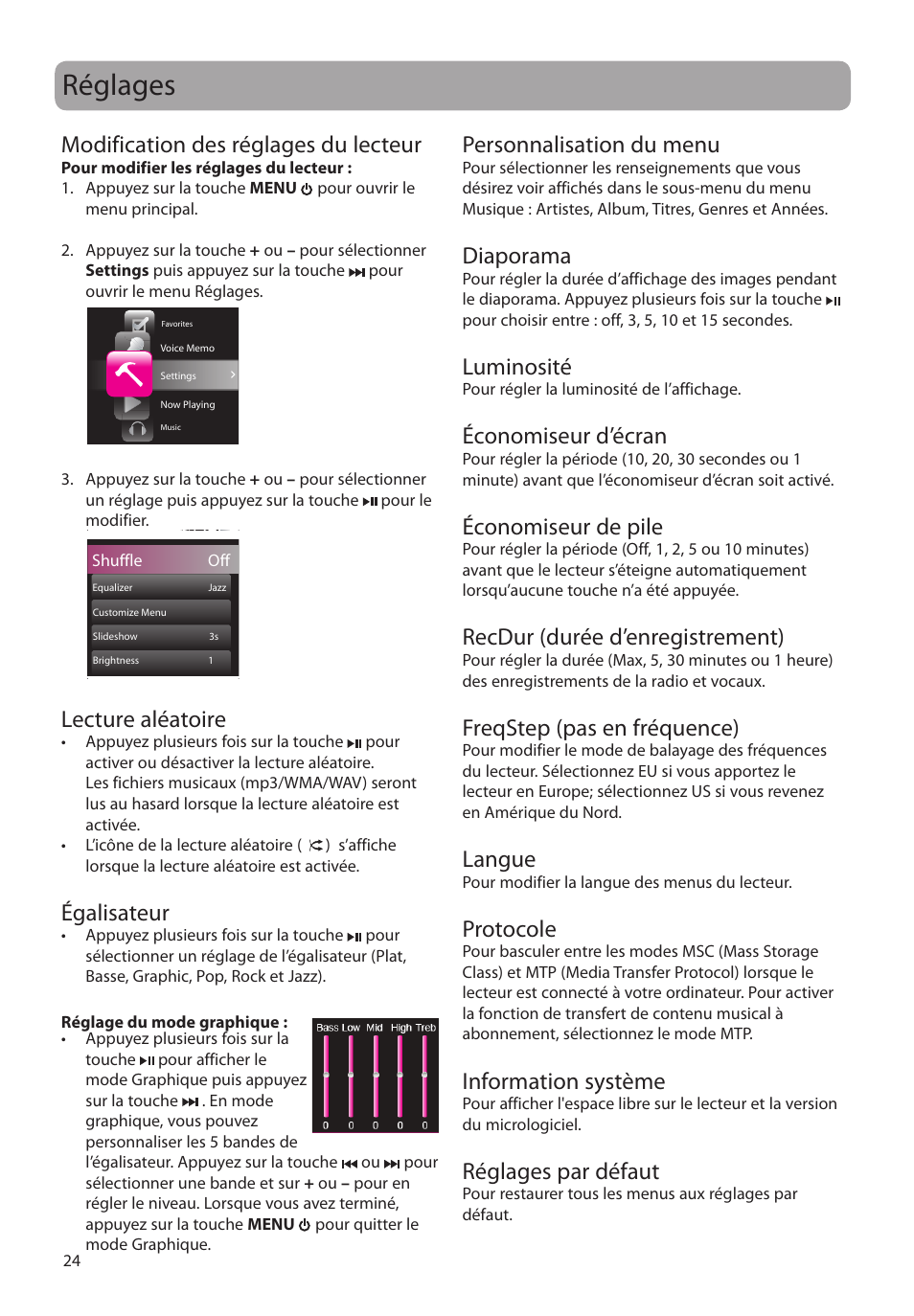 Réglages, Modification des réglages du lecteur, Lecture aléatoire | Égalisateur, Personnalisation du menu, Diaporama, Luminosité, Économiseur d’écran, Économiseur de pile, Recdur (durée d’enregistrement) | RCA SLC5016 User Manual | Page 82 / 87