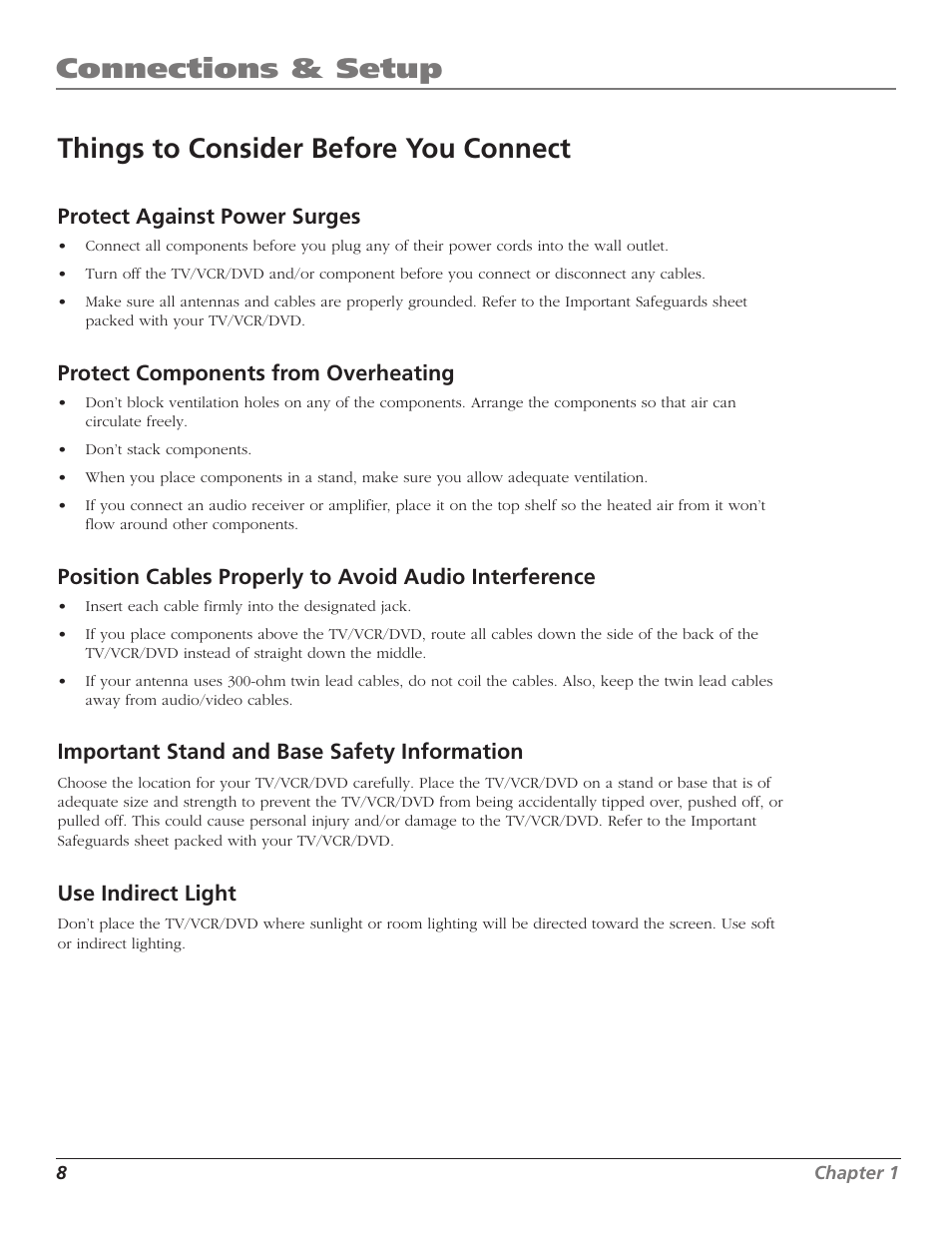 Things to consider before you connect, Protect against power surges, Protect components from overheating | Important stand and base safety information, Use indirect light, Connection, Stand and base safety information | RCA B27TF680 User Manual | Page 10 / 84