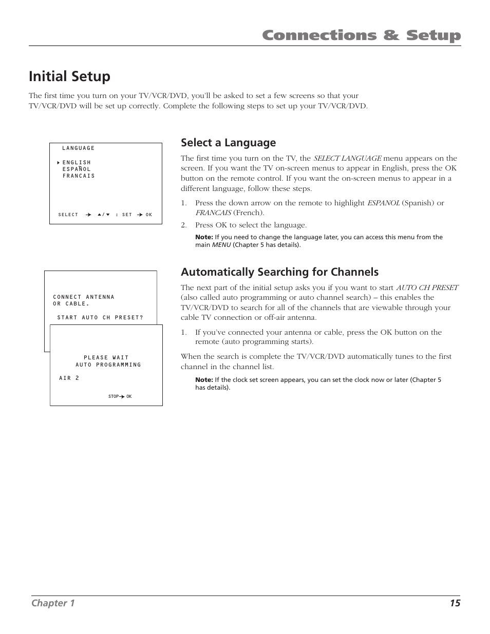 Initial setup, Select a language, Automatically searching for channels | Auto channel search, Searching for, Language, select, Ok button, Searching for channels, Setup, initial, Connections & setup | RCA B27TF680 User Manual | Page 17 / 84