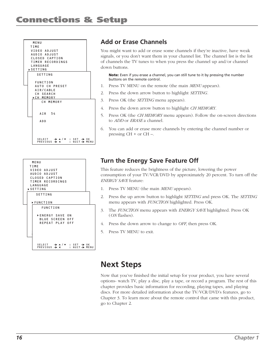 Add or erase channels, Turn the energy save feature off, Next steps | Add/erase channels, Ch memory menu, Add or erase, Energy save feature, Erase/add channels, Main menu, Menu button | RCA B27TF680 User Manual | Page 18 / 84