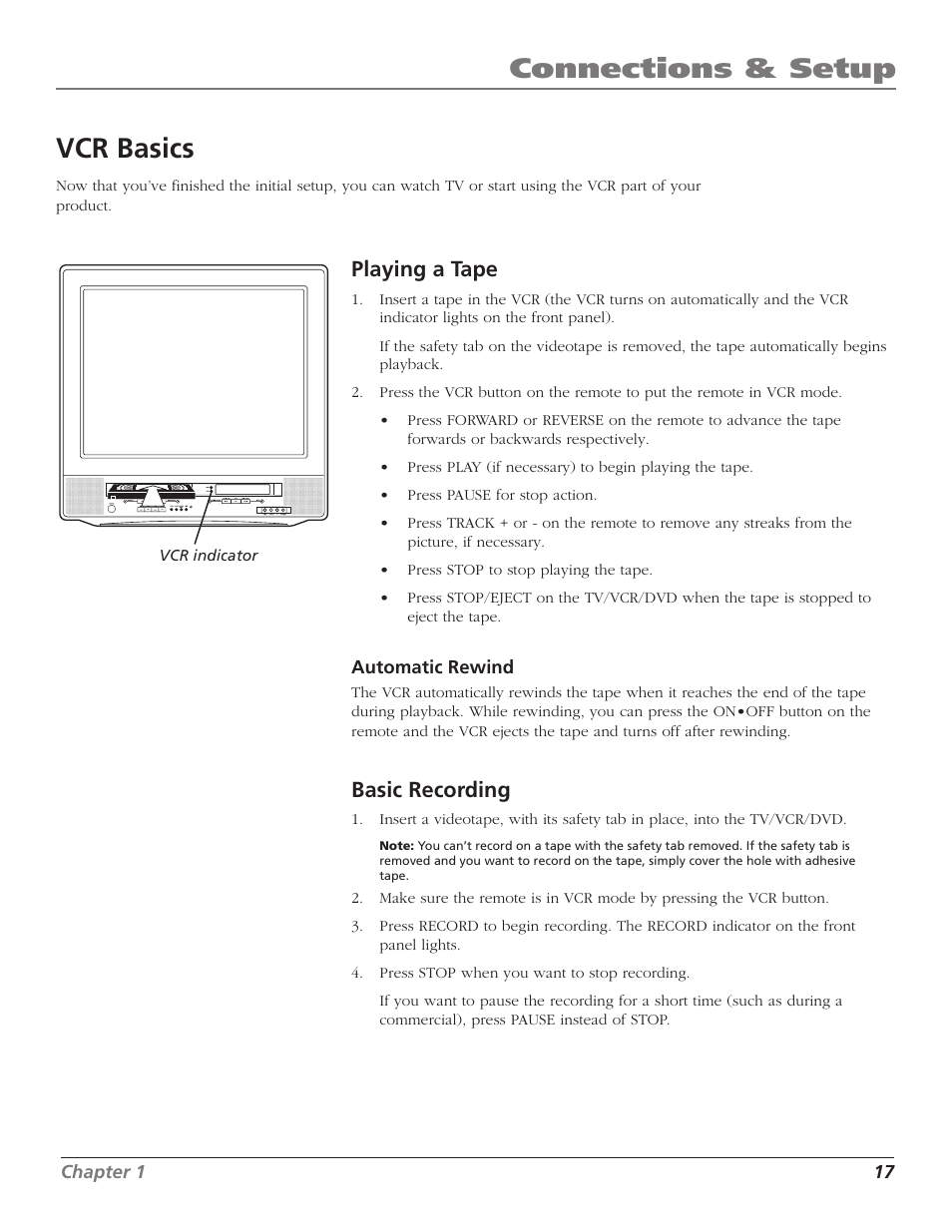 Vcr basics, Playing a tape, Basic recording | Ch buttons, Fwd button, Pause button, Play button, Basic, Rewind, automatic, Stop/eject button | RCA B27TF680 User Manual | Page 19 / 84