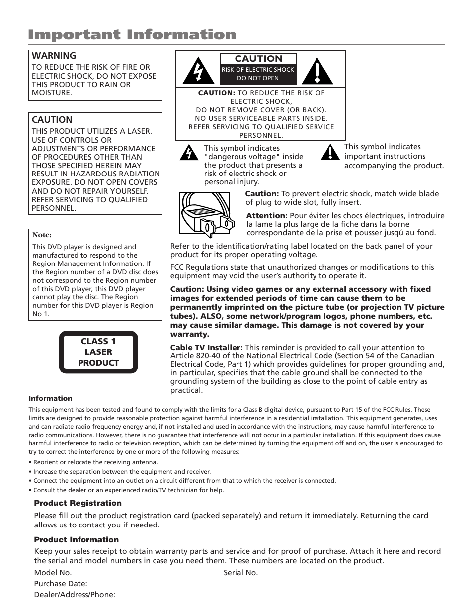 Index search, Virtual dolby (qsurround), Mp3 audio disc playback | Digital output jacks (dvd playback only), Product registration, Registration, Important information | RCA B27TF680 User Manual | Page 2 / 84