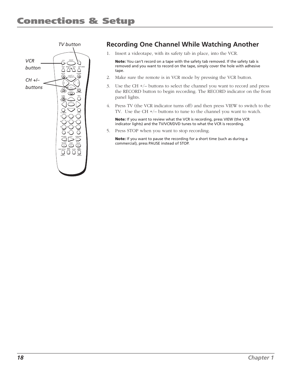 Recording one channel while watching another, Dvd basics, Set the menu language | Connections & setup, 18 chapter 1, Vcr button tv button ch +/– buttons, Press stop when you want to stop recording | RCA B27TF680 User Manual | Page 20 / 84