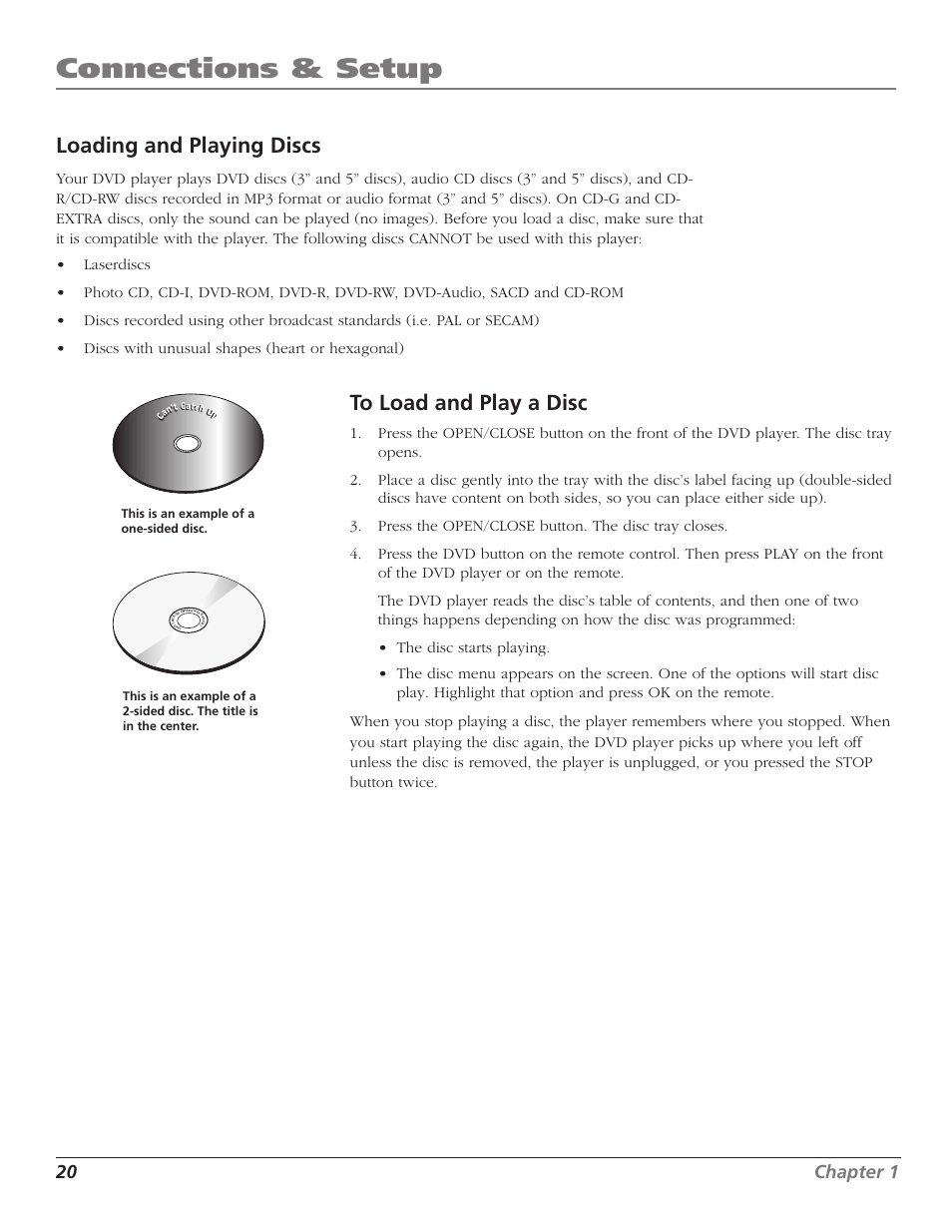 Loading and playing discs, Loading and playing, Using a disc menu | Connections & setup, 20 chapter 1 | RCA B27TF680 User Manual | Page 22 / 84