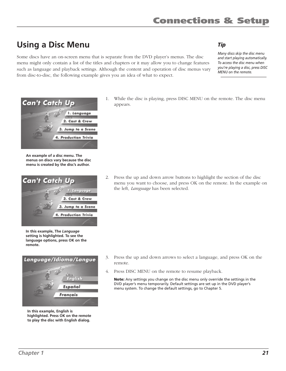 Using a disc menu, Using the on-screen options menu, Connections & setup | RCA B27TF680 User Manual | Page 23 / 84