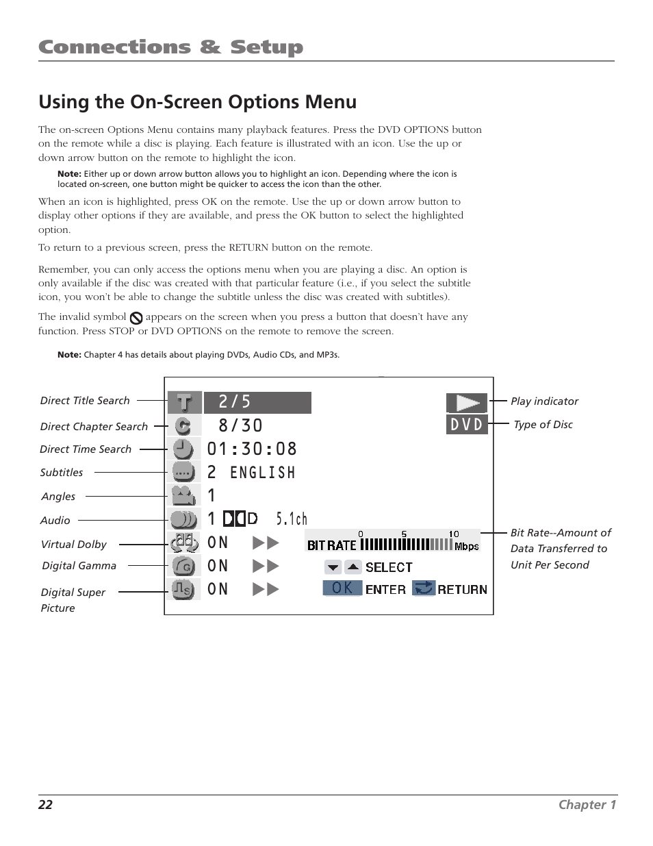 Using the on-screen options menu, Options menu, Invalid icon | Connections & setup | RCA B27TF680 User Manual | Page 24 / 84