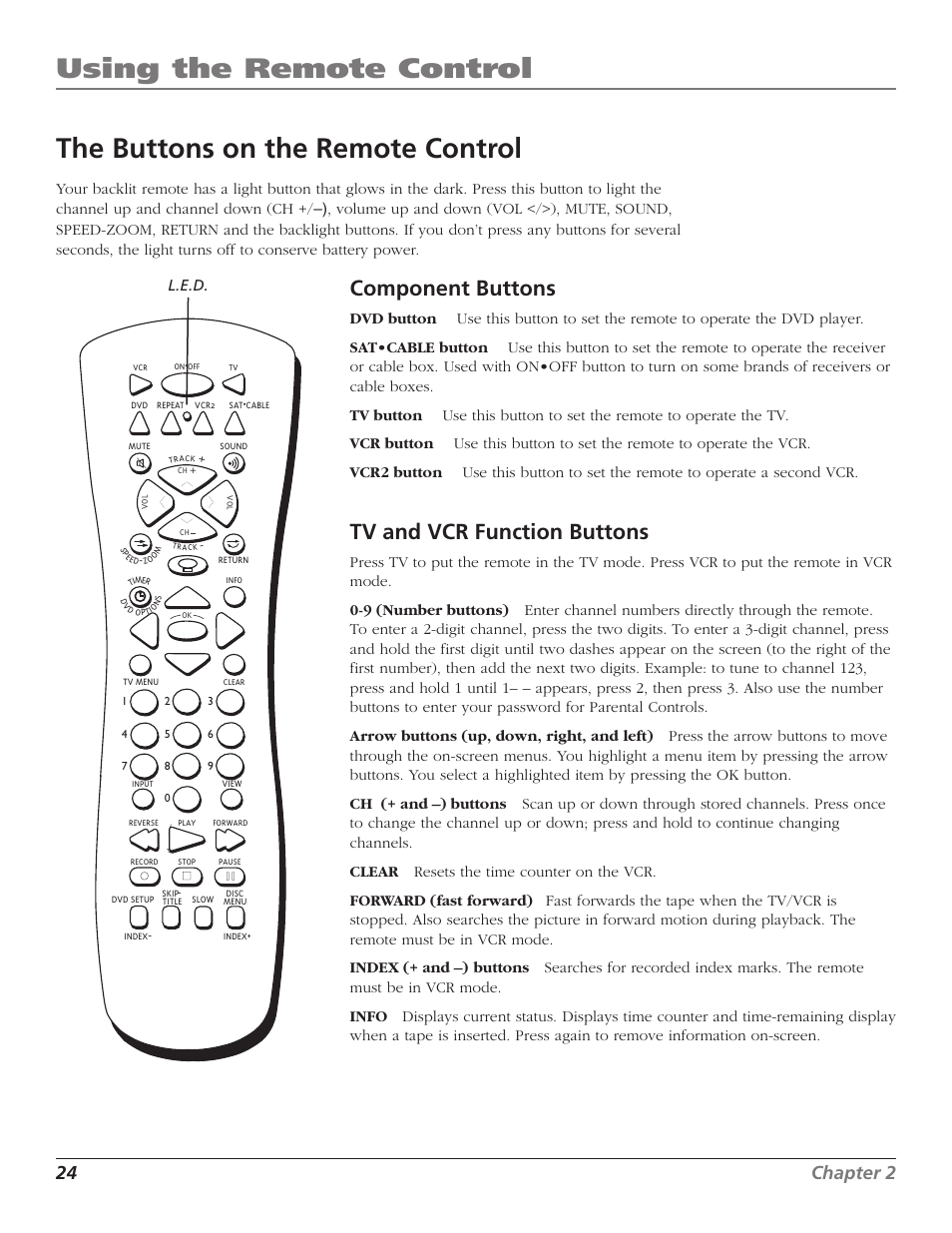 The buttons on the remote control, Arrow buttons, Back-lit remote | Ch+ button, Ch- button, Clear button, Button, Forward button, Info button, Input button | RCA B27TF680 User Manual | Page 26 / 84