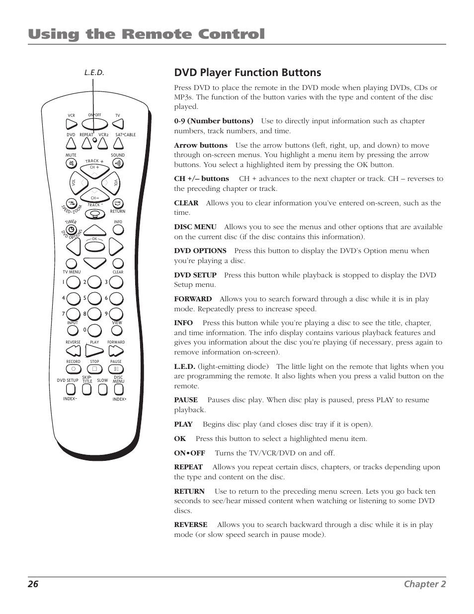 Disc menu button, Dvd options button, Dvd setup button | Repeat button, Using the remote control, Dvd player function buttons, 26 chapter 2 | RCA B27TF680 User Manual | Page 28 / 84