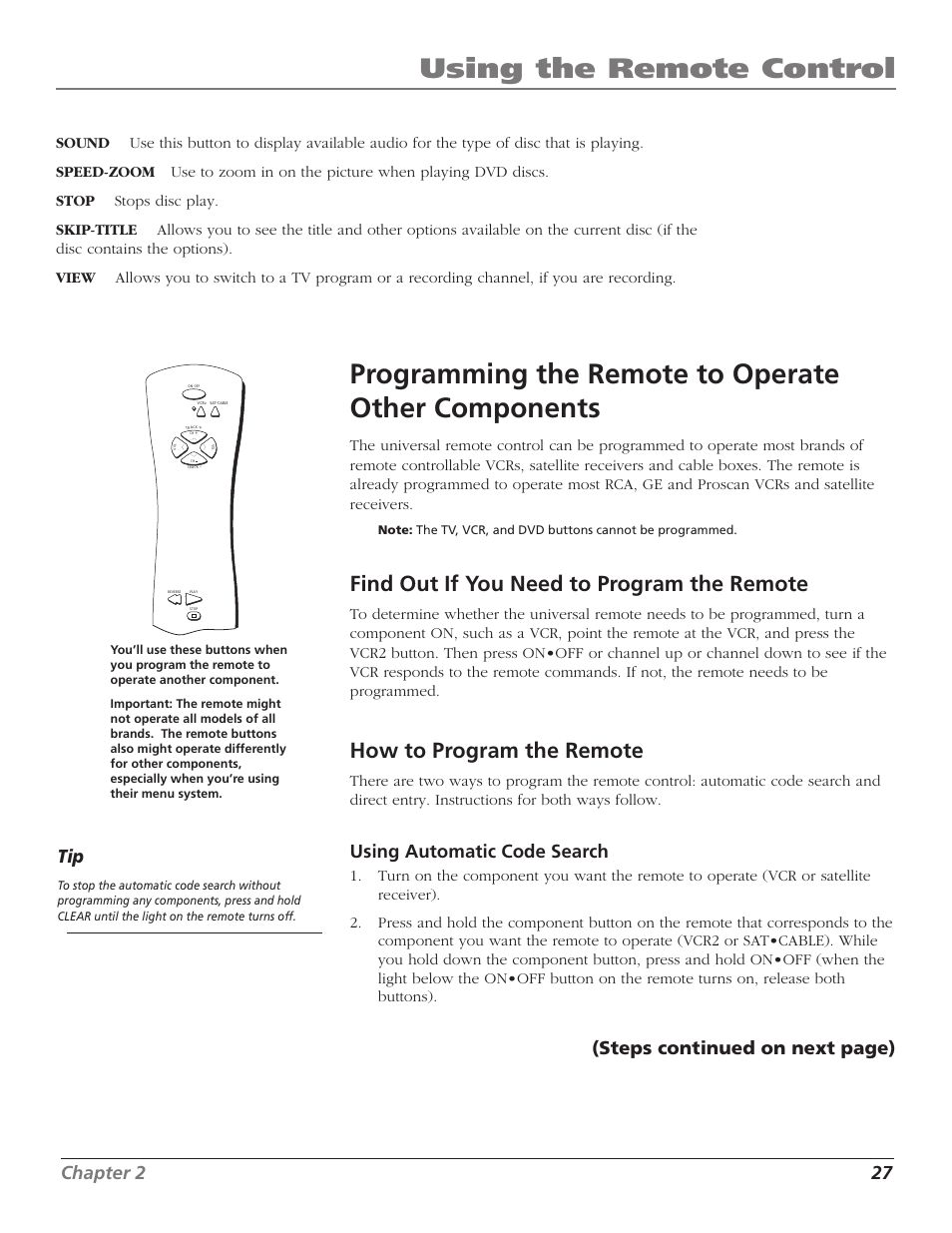 Programming the remote to operate other components, Find out if you need to program the remote, How to program the remote | Programming the remote, Programming, View button, Using the remote control, Chapter 2 27, Using automatic code search, Steps continued on next page) | RCA B27TF680 User Manual | Page 29 / 84