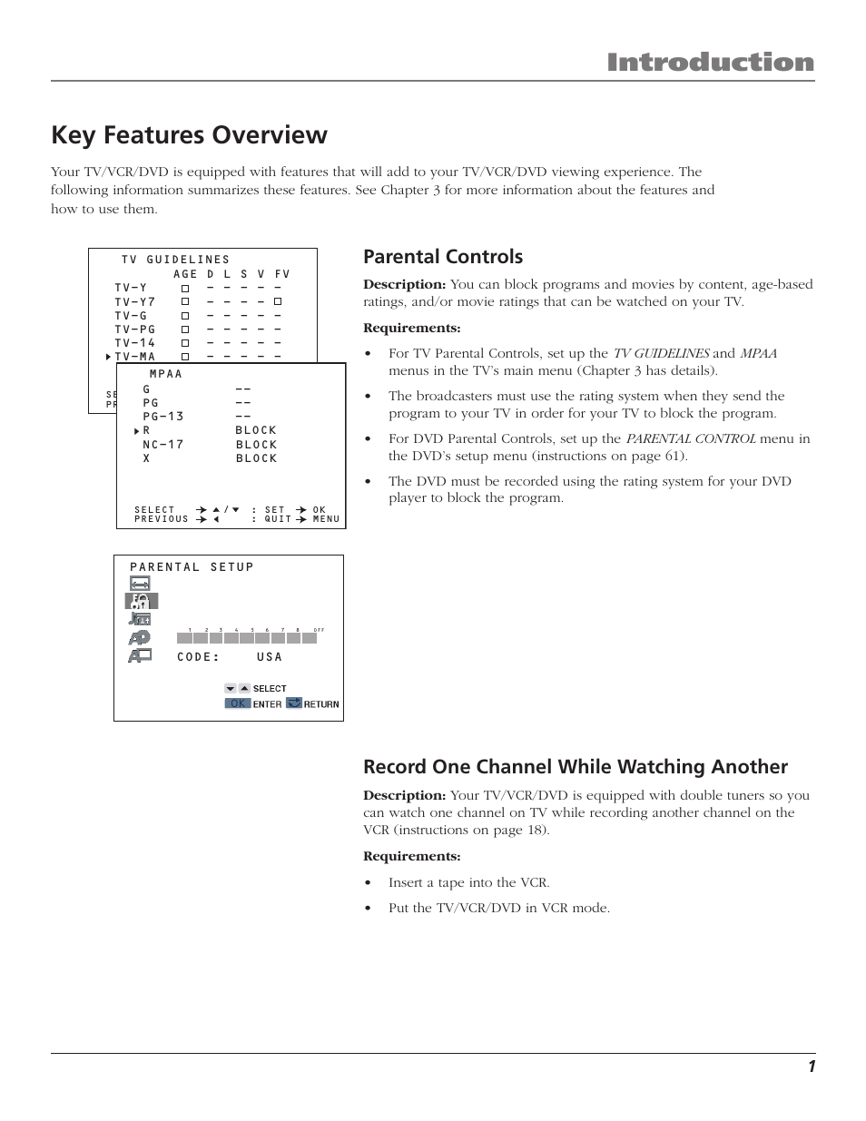 Introduction, Key features overview, Parental controls | Record one channel while watching another | RCA B27TF680 User Manual | Page 3 / 84