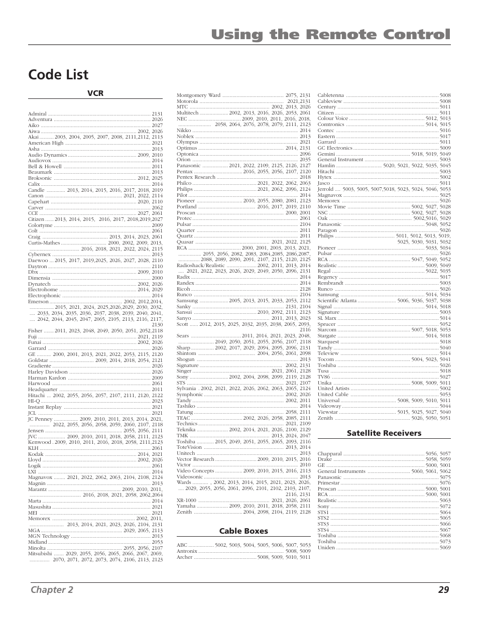 Code list, Cable box, code list, Cable box | Satellite receiver, Using the remote control code list, Chapter 2 29 | RCA B27TF680 User Manual | Page 31 / 84