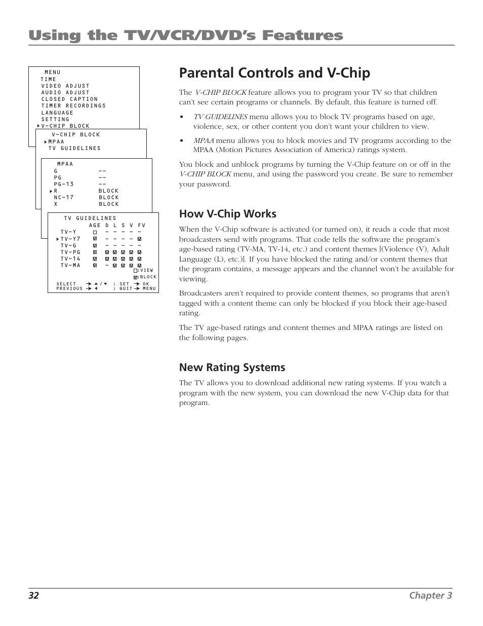 How v-chip works, New rating systems, Mpaa | Parental controls, Tv guidelines, V-chip, Parental controls and v-chip, How v-chip works new rating systems, Using the tv/vcr/dvd’s features, 32 chapter 3 | RCA B27TF680 User Manual | Page 34 / 84