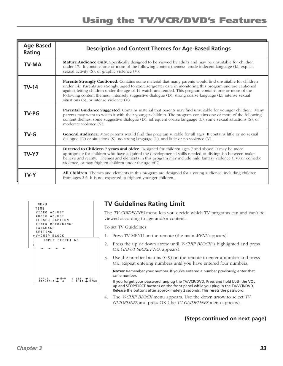 Tv guidelines rating limit, Age-based rating, Content themes | Password, Rating limit, Age-based rating chart, Content rating chart, Using the tv/vcr/dvd’s features | RCA B27TF680 User Manual | Page 35 / 84