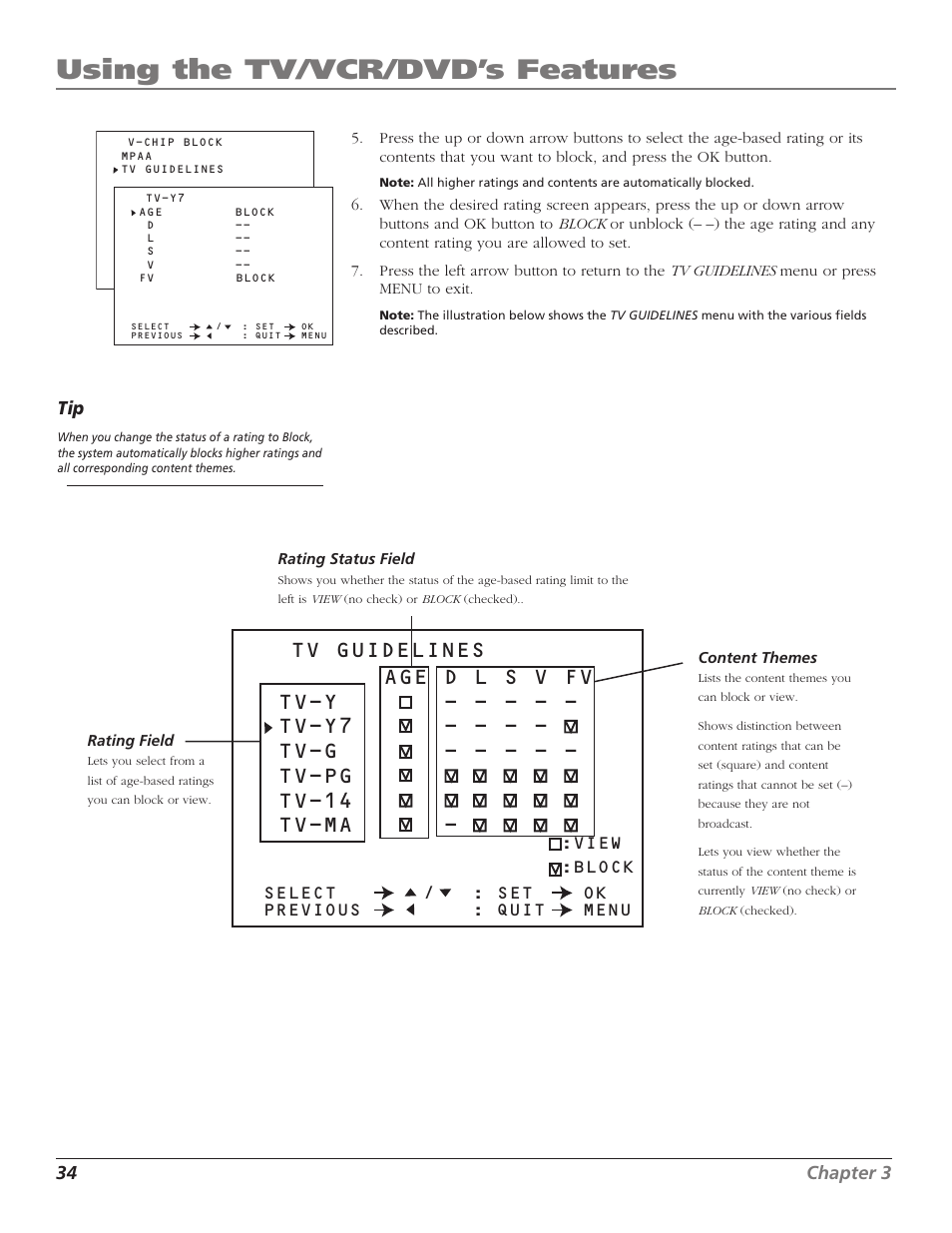 Using the tv/vcr/dvd’s features, 34 chapter 3 tip | RCA B27TF680 User Manual | Page 36 / 84