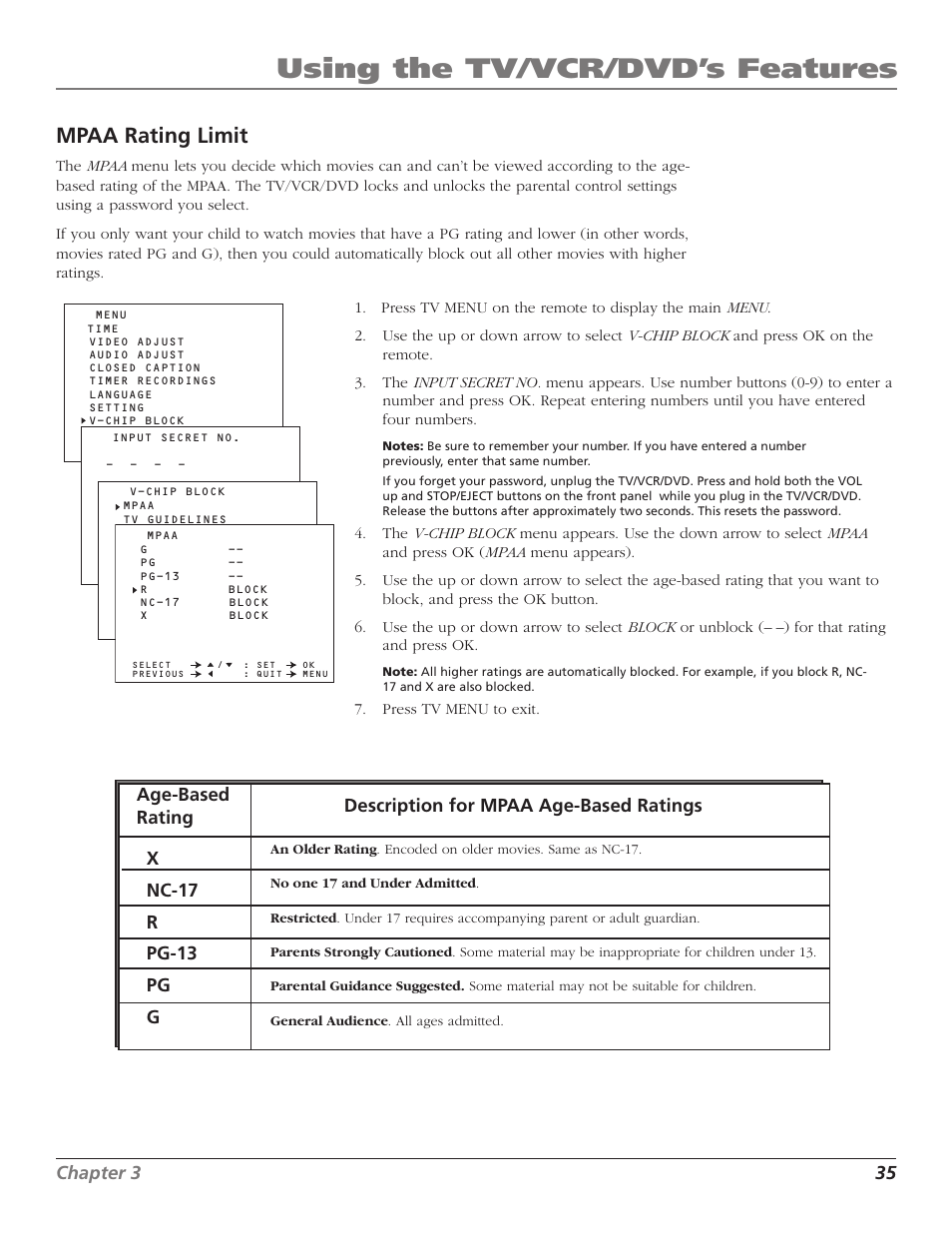 Mpaa rating limit, Age-based ratings, Age-based rating | Rating limit, Chart for mpaa age-based ratings, Using the tv/vcr/dvd’s features, Chapter 3 35 | RCA B27TF680 User Manual | Page 37 / 84