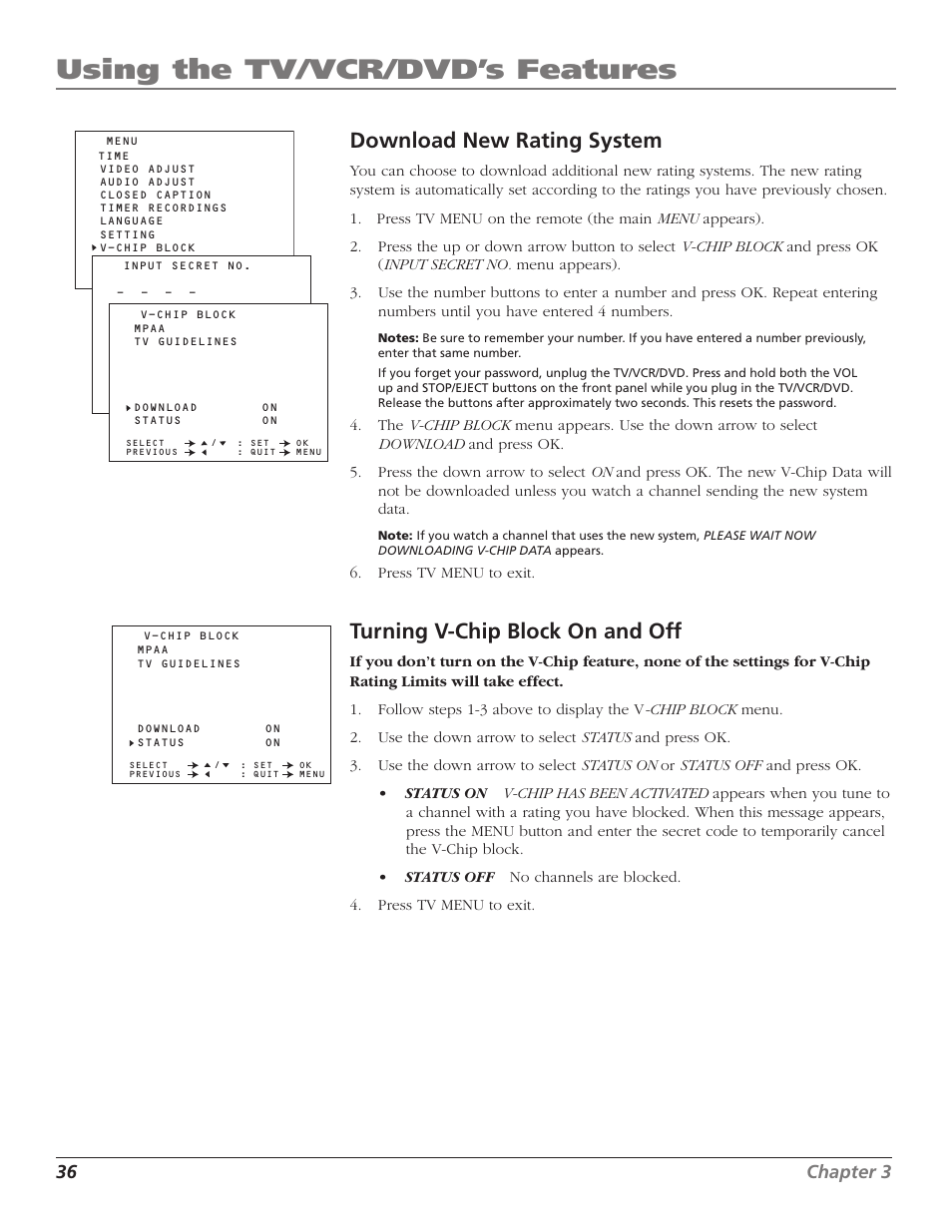Download new rating system, Turning v-chip block on and off, Turning on and off | Using the tv/vcr/dvd’s features, 36 chapter 3 | RCA B27TF680 User Manual | Page 38 / 84