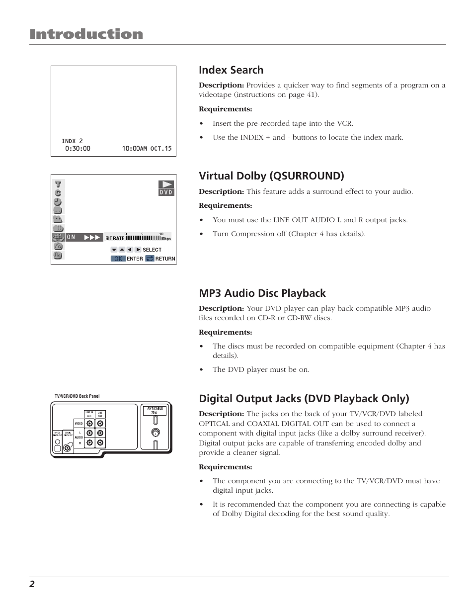 Introduction, Index search, Virtual dolby (qsurround) | Mp3 audio disc playback, Digital output jacks (dvd playback only) | RCA B27TF680 User Manual | Page 4 / 84