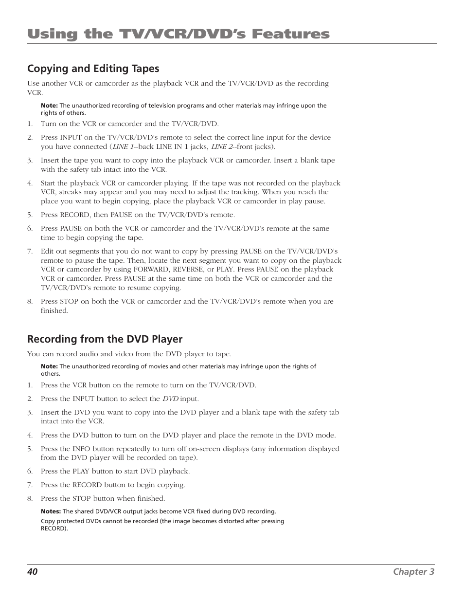 Copying and editing tapes, Recording from the dvd player, Copying tapes | Editing tapes, Using the tv/vcr/dvd’s features | RCA B27TF680 User Manual | Page 42 / 84