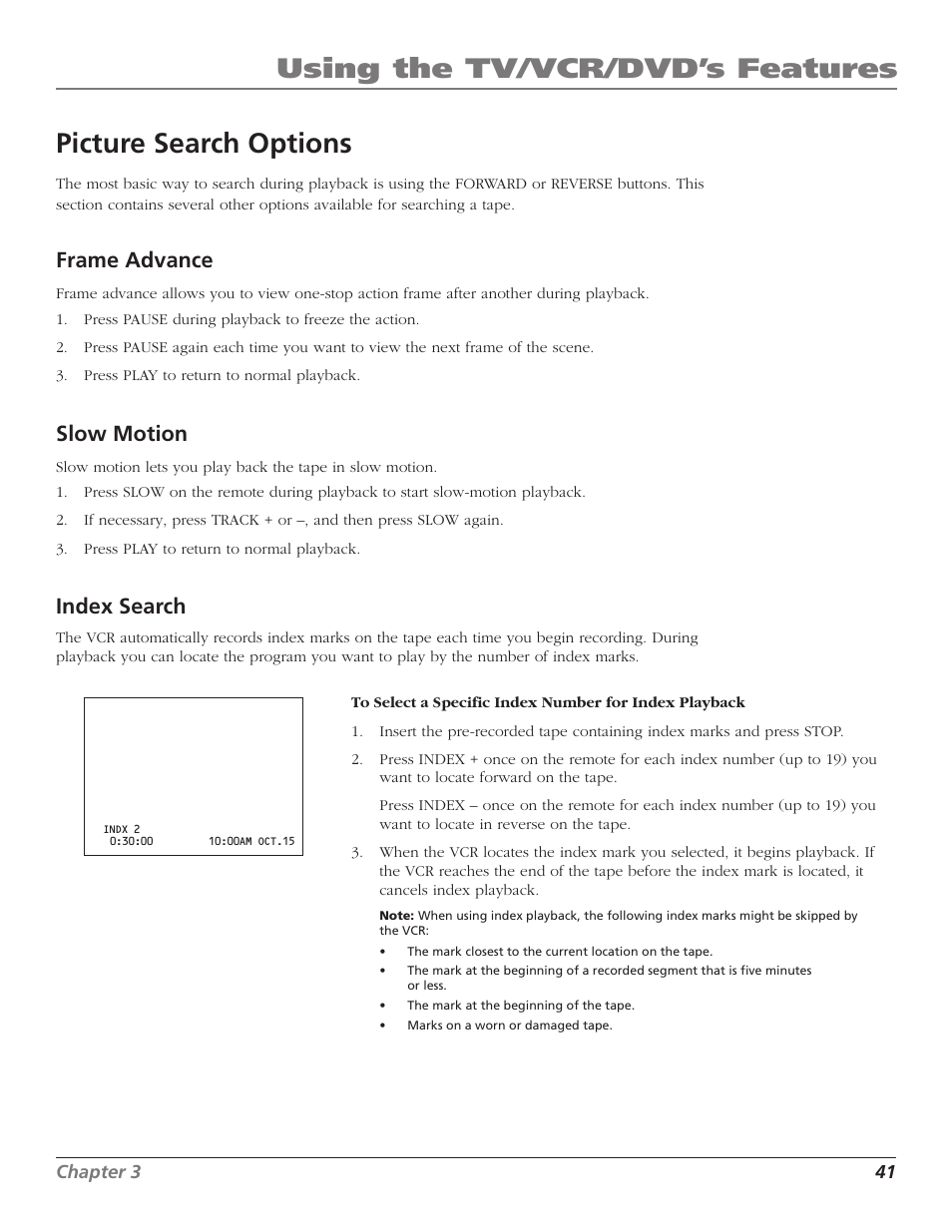 Picture search options, Frame advance, Slow motion | Index search, Index, Options, Tracking buttons, Frame advance slow motion index search, Using the tv/vcr/dvd’s features | RCA B27TF680 User Manual | Page 43 / 84