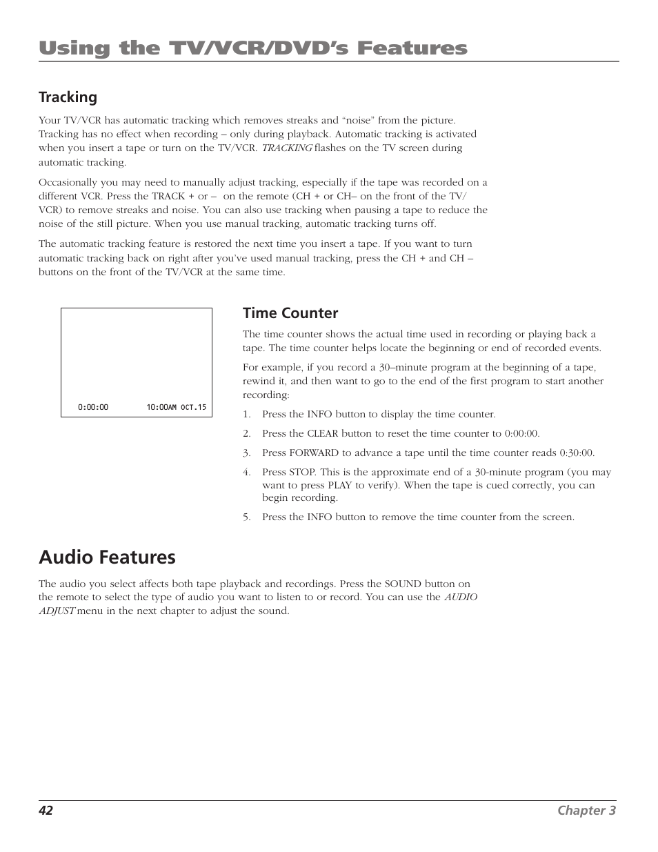 Tracking, Audio features, Time counter | Automatic, Using the tv/vcr/dvd’s features | RCA B27TF680 User Manual | Page 44 / 84