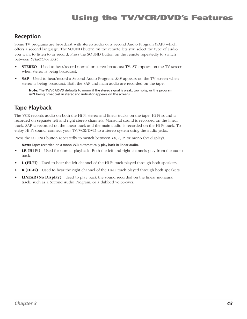 Reception, Tape playback, Hi-fi sound | Sap (second audio program), Stereo sound, Tape playback feature, Reception tape playback, Using the tv/vcr/dvd’s features | RCA B27TF680 User Manual | Page 45 / 84