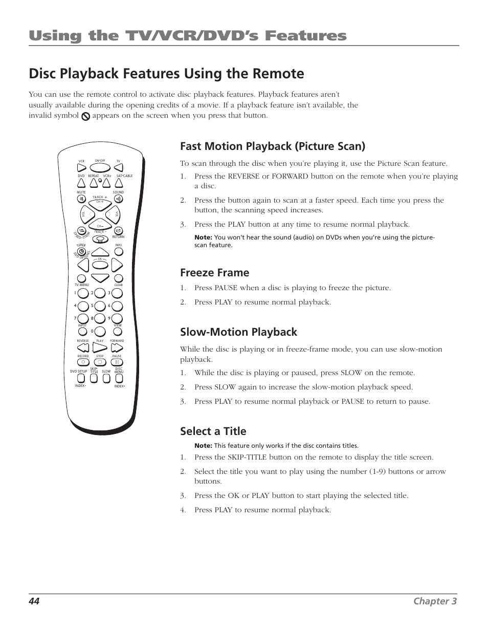 Disc playback features using the remote, Fast motion playback (picture scan), Freeze frame | Slow-motion playback, Select a title, Fast motion playback, Freeze frame (pause), Picture scan, Fast motion, Slow motion | RCA B27TF680 User Manual | Page 46 / 84