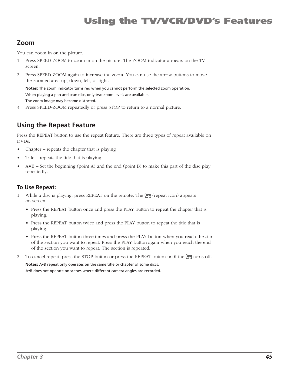 Zoom, Using the repeat feature, A•b repeat | Chapter repeat, Repeat, Chapter, Title, Zoom using the repeat feature, Using the tv/vcr/dvd’s features | RCA B27TF680 User Manual | Page 47 / 84
