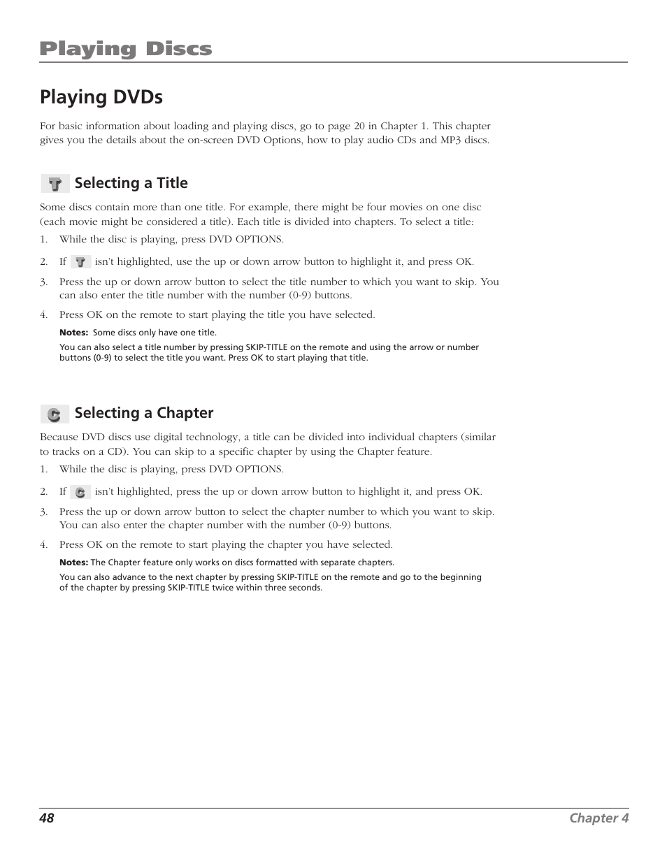 Playing dvds, Selecting a title, Selecting a chapter | Chapter, selecting, Title, Playing discs | RCA B27TF680 User Manual | Page 50 / 84
