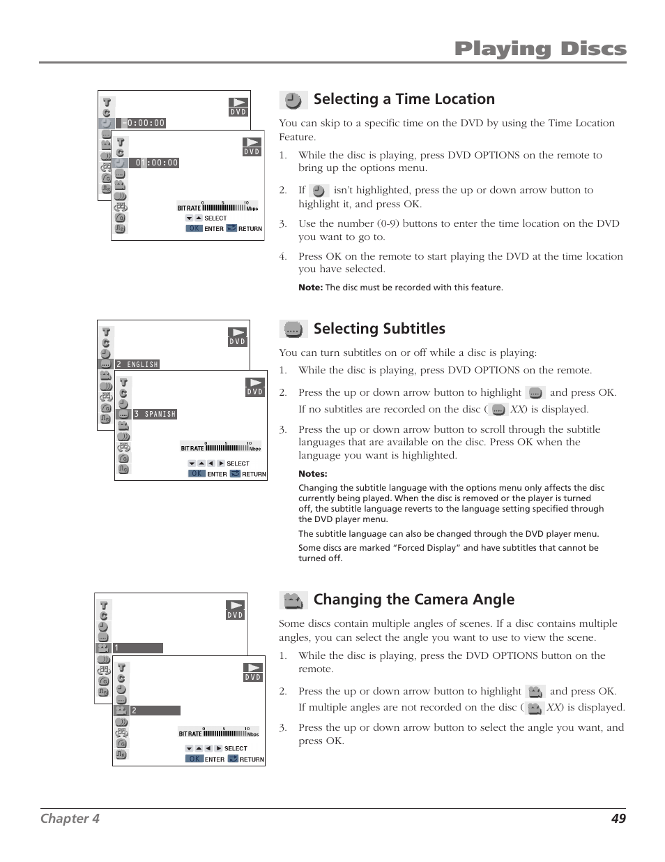 Selecting a time location, Selecting subtitles, Changing the camera angle | Angle, camera, Camera angle, Subtitles, Playing discs, Chapter 4 49 | RCA B27TF680 User Manual | Page 51 / 84