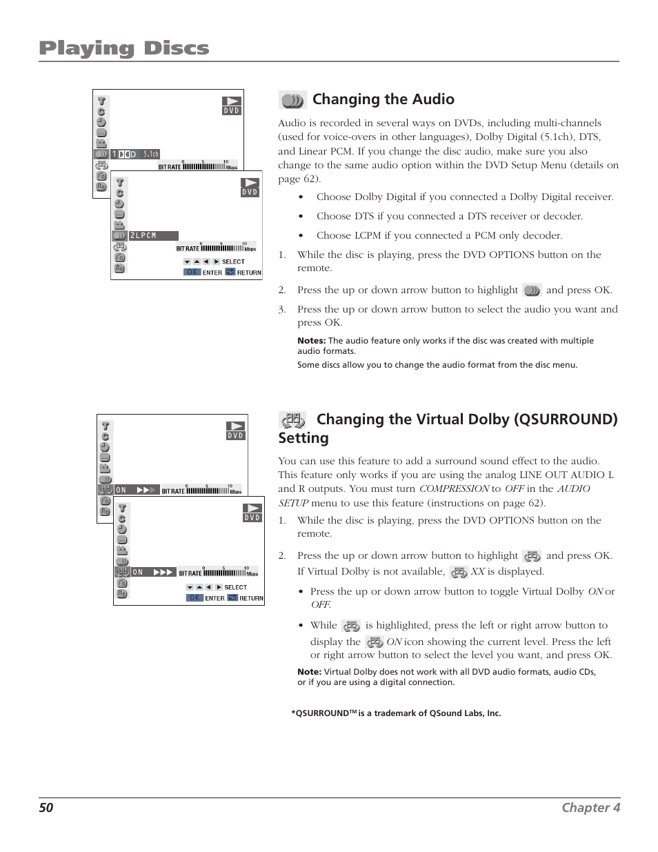 Changing the audio, Changing the virtual dolby (qsurround) setting, Audio | Qsurround, Virtual dolby, Changing the digital gamma setting, Playing discs, 50 chapter 4 | RCA B27TF680 User Manual | Page 52 / 84