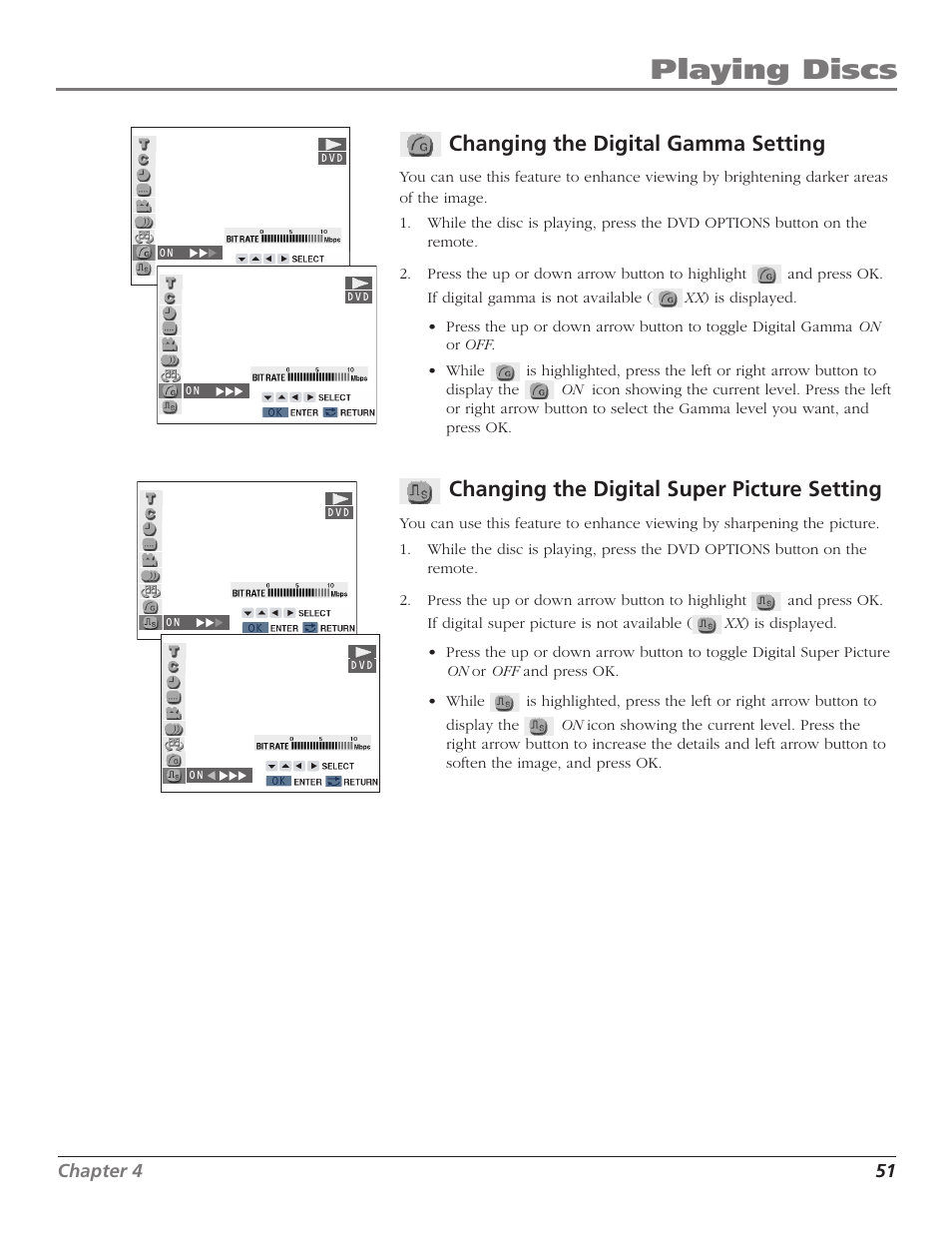 Changing the digital gamma setting, Changing the digital super picture setting, Digital gamma | Digital super picture, Playing discs | RCA B27TF680 User Manual | Page 53 / 84