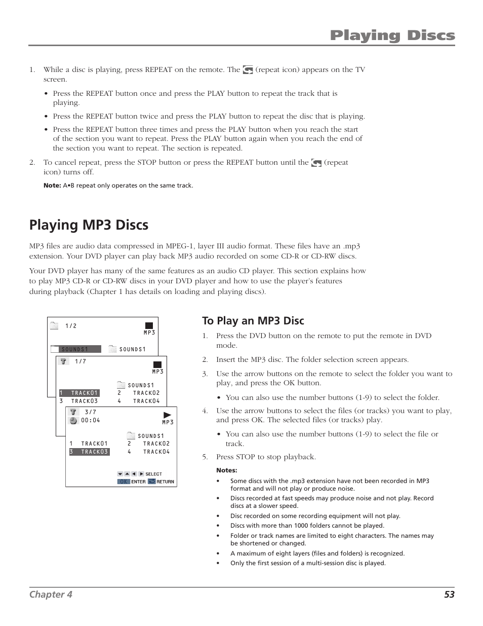 Playing mp3 discs, To play an mp3 disc, Mp3 discs | Playing discs, Chapter 4 53 | RCA B27TF680 User Manual | Page 55 / 84