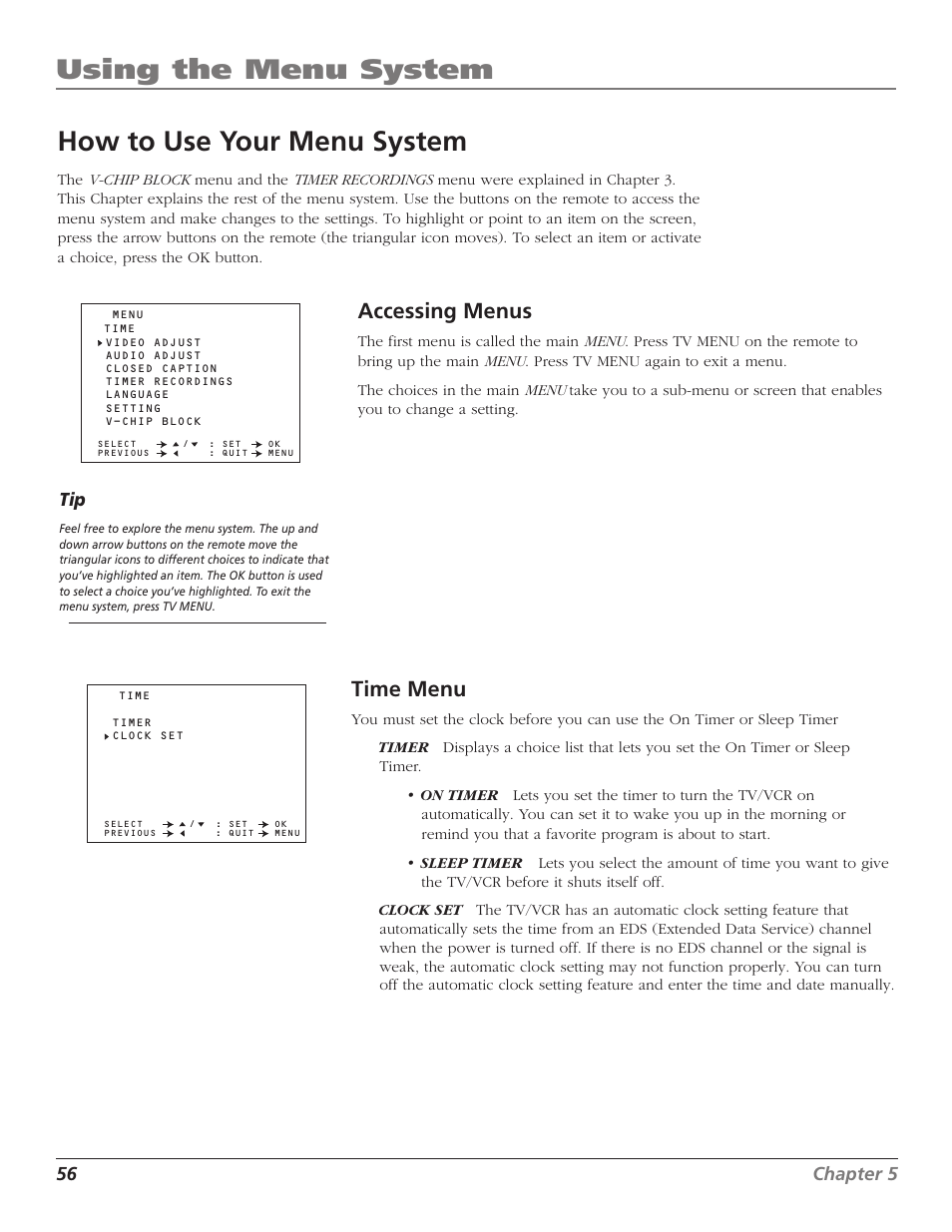 How to use your menu system, Time menu, Clock set | Eds (extended data service) channel, Time, Sleep timer, Using the menu system, Accessing menus | RCA B27TF680 User Manual | Page 58 / 84
