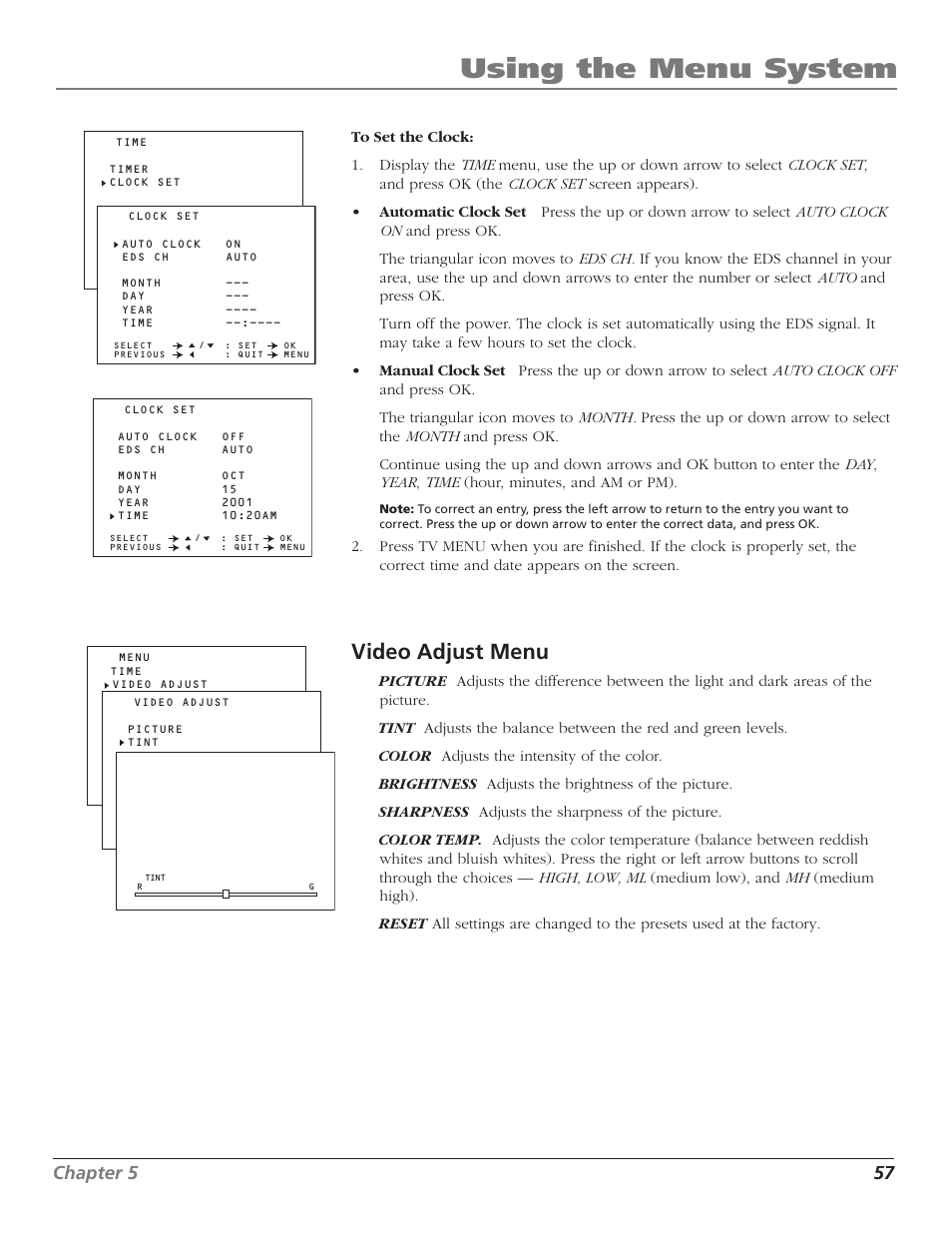 Video adjust menu, Brightness adjust, Automatic | Manual, Color adjust, Color temp. adjust, Video adjust, Picture adjust, Video, Sharpness adjust | RCA B27TF680 User Manual | Page 59 / 84