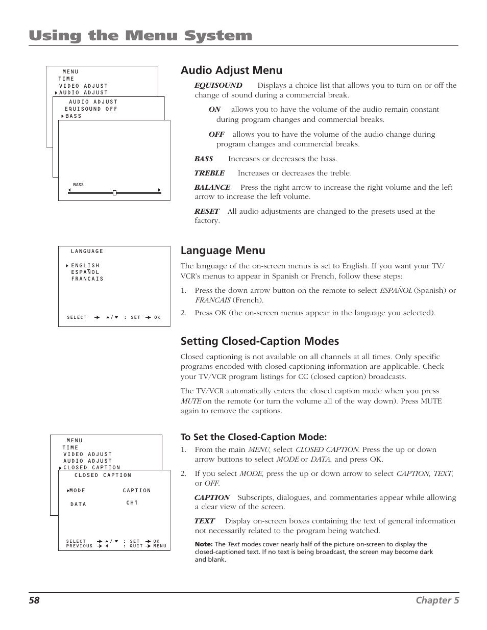 Audio adjust menu, Language menu, Setting closed-caption modes | Balance, Bass, Closed captioning, Modes, Text, Equisound, Audio adjust | RCA B27TF680 User Manual | Page 60 / 84