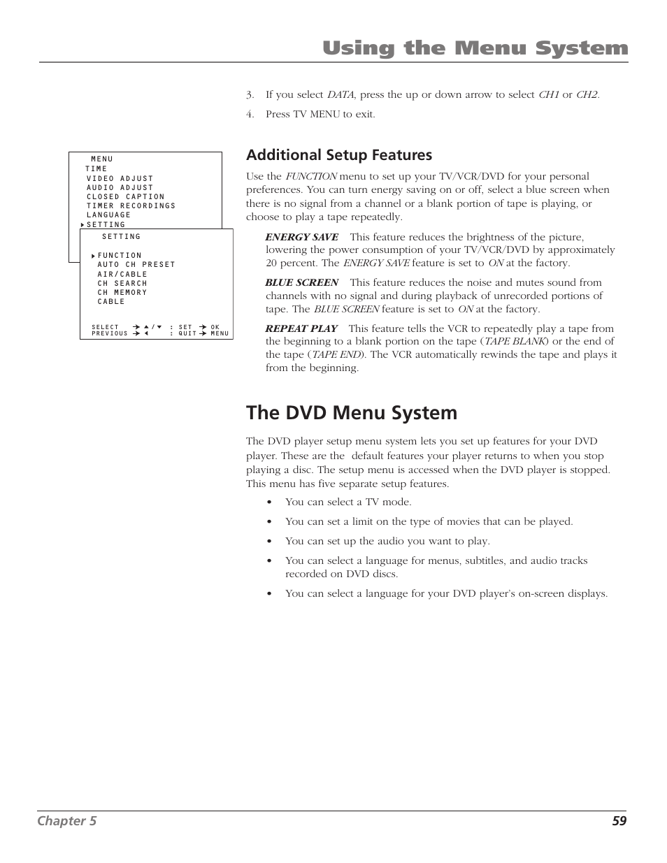 Additional setup features, The dvd menu system, Blue screen feature | Repeat play feature, Tv mode, Using the menu system | RCA B27TF680 User Manual | Page 61 / 84