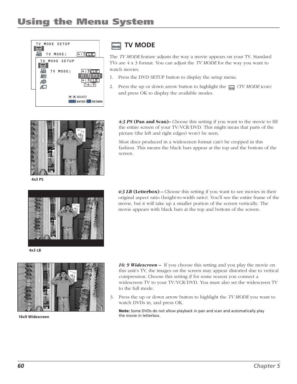 Tv mode, 16 x 9 widescreen, 4 x 3 letterbox | 4x3 pan and scan, Aspect ratio, Letterbox, Pan and scan, Tv image menu, Widescreen, Set parental limits | RCA B27TF680 User Manual | Page 62 / 84