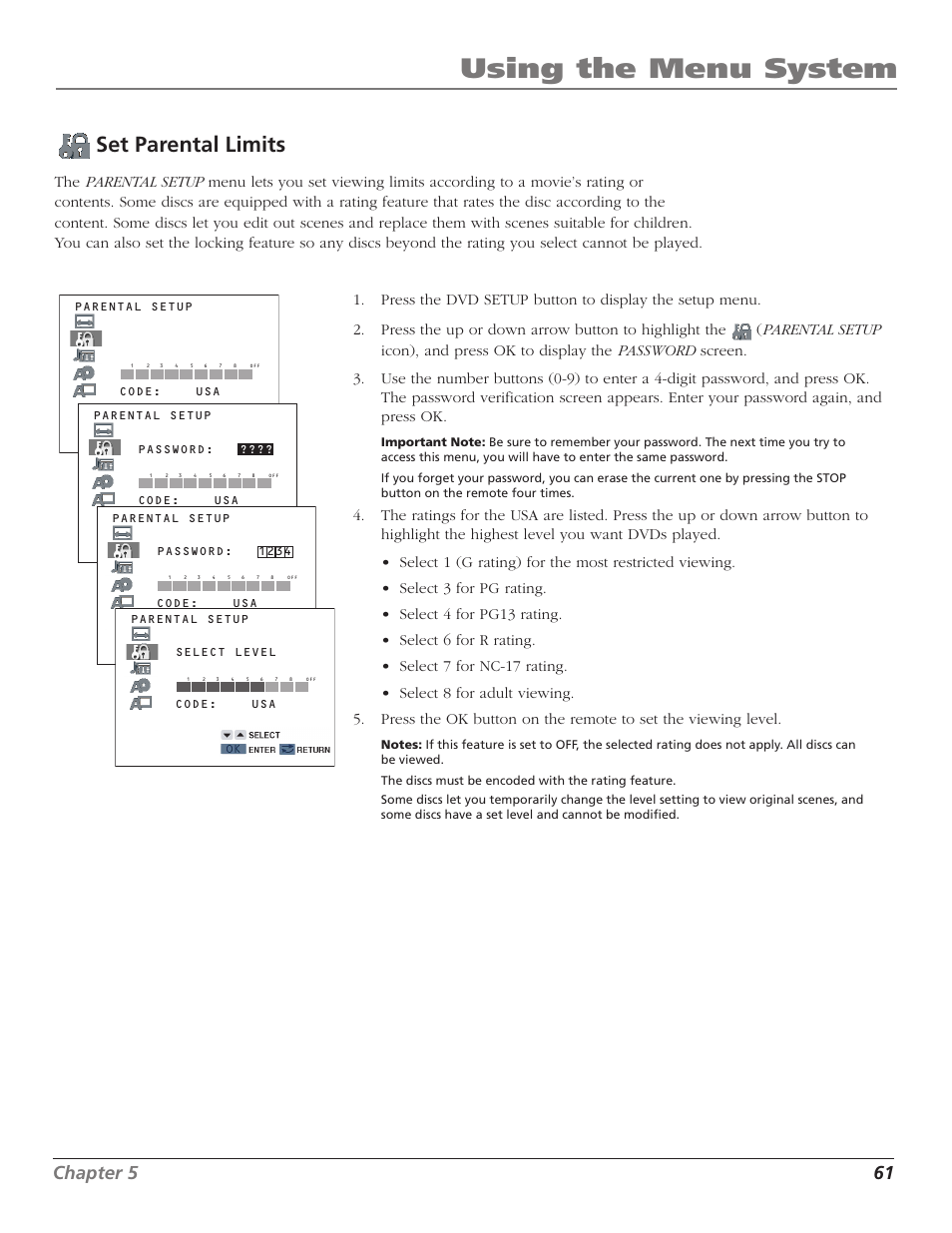 Set parental limits, Parental setup, Select audio settings | Using the menu system, Chapter 5 61 | RCA B27TF680 User Manual | Page 63 / 84