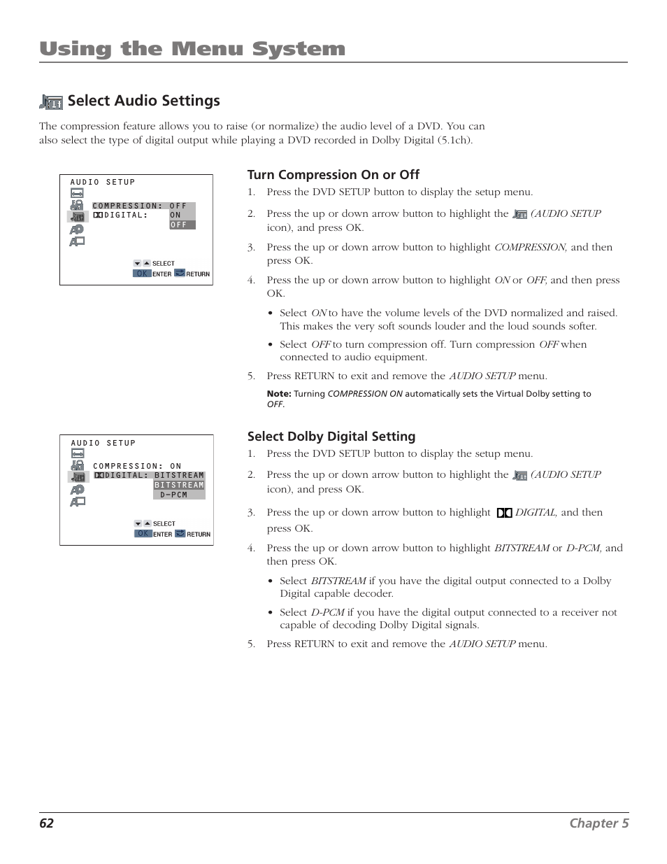 Select audio settings, Bitstream, Compression | D-pcm, Dolby digital, Select the disc language, Using the menu system | RCA B27TF680 User Manual | Page 64 / 84