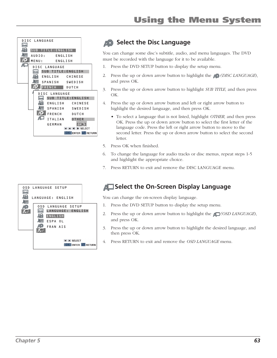 Select the disc language, Select the on-screen display language, Disc | On-screen display, Using the menu system, Chapter 5 63 | RCA B27TF680 User Manual | Page 65 / 84