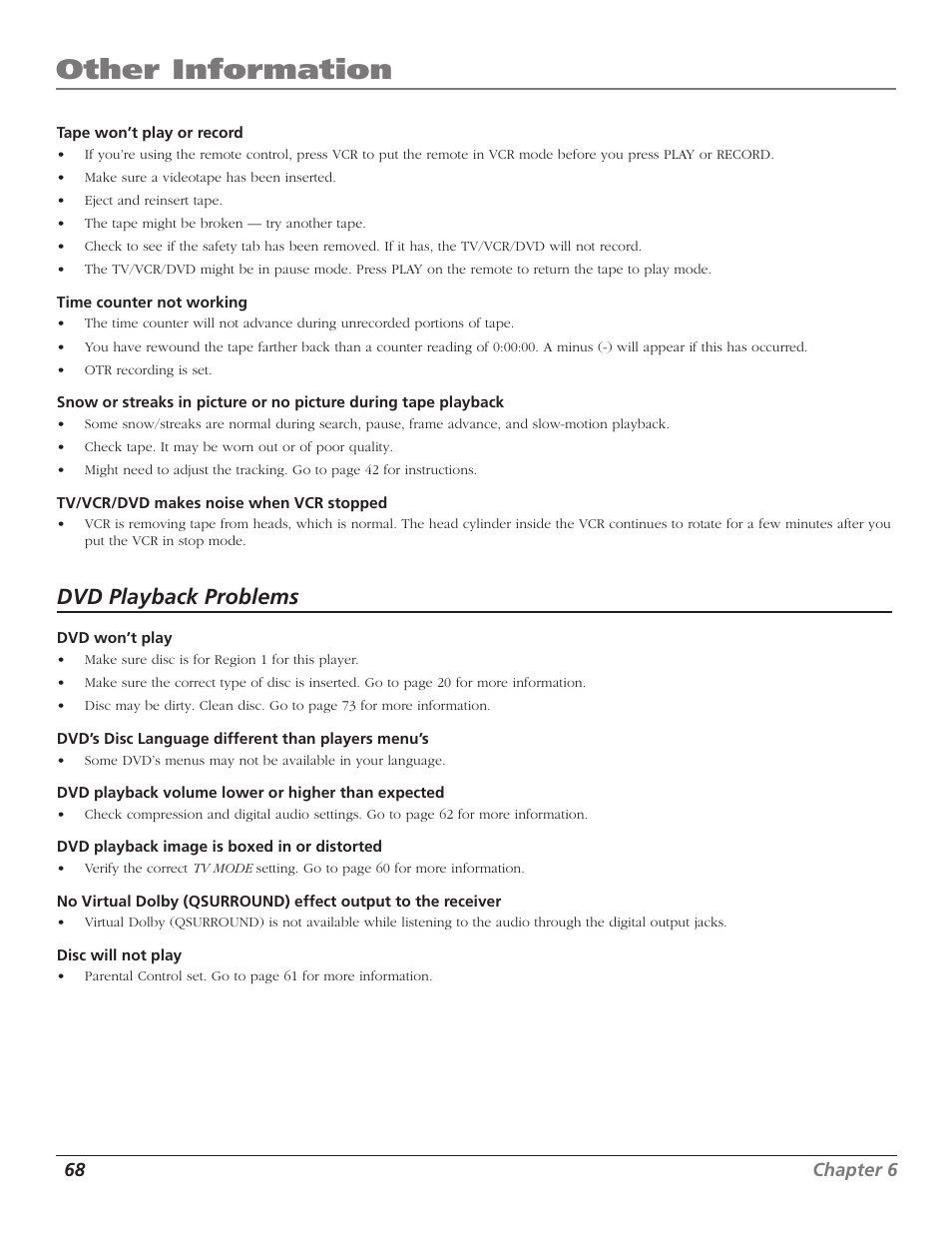 Other information, Dvd playback problems | RCA B27TF680 User Manual | Page 70 / 84
