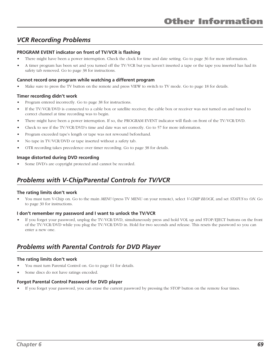 Program event indicator, The front of your tv/vcr/dvd, Other information | Vcr recording problems, Problems with v-chip/parental controls for tv/vcr, Problems with parental controls for dvd player | RCA B27TF680 User Manual | Page 71 / 84