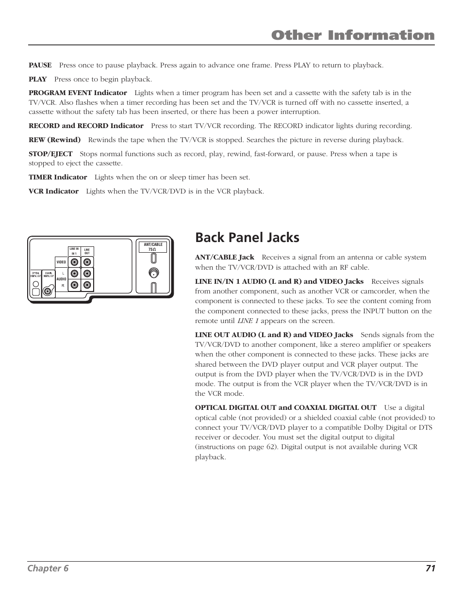 Back panel jacks, Coaxial digital out jack, Button | Indicator, Rew button, Timer indicator, Back panel jacks care and cleaning, Other information, Chapter 6 71 | RCA B27TF680 User Manual | Page 73 / 84