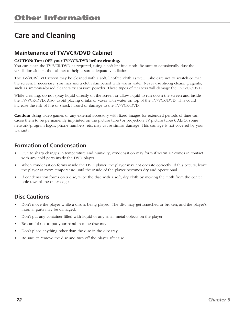 Care and cleaning, Maintenance, Other information | Maintenance of tv/vcr/dvd cabinet, Formation of condensation, Disc cautions | RCA B27TF680 User Manual | Page 74 / 84