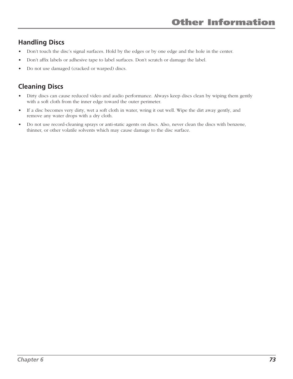 Cleaning discs, Cleaning, Handling | Discs, Limited warranty, Other information, Handling discs | RCA B27TF680 User Manual | Page 75 / 84