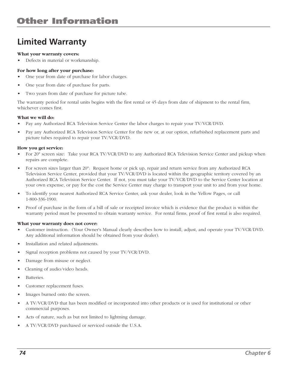 Limited warranty, Warranty, Other information | RCA B27TF680 User Manual | Page 76 / 84