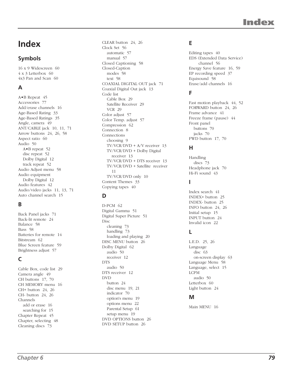 Index, Symbols, Audio equipment | Channels, Closed-caption, Code list, Connections, Disc, Front panel, Handling | RCA B27TF680 User Manual | Page 81 / 84